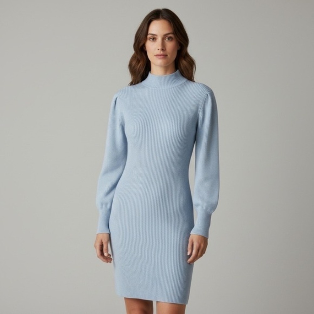 Unbranded Ribbed Knit Mock Neck Mini Dress Women Large Blue